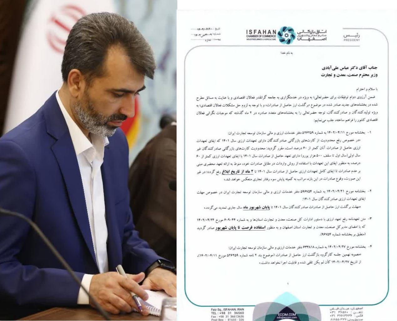 رئیس اتاق بازرگانی اصفهان در نامه‌ای به وزیر صنعت، معدن و تجارت خواستار رفع مشکلات فعالان اقتصادی در خصوص موضوع «بازگشت ارز حاصل از صادرات» شد.